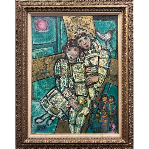 1223 - Simon Keitel (b. 1963-)
Couple with Infant 
signed, acrylic on canvas, 71cm x 53cm, gilt frame