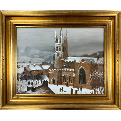 1230 - Jim Gilbert (British, 1933-1995), Tideswell Church, signed, oil on board, 29.5cm x 38.5cm.