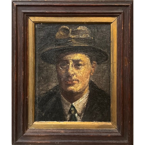 1238 - British school, early 20th century, Portrait of a man wearing a hat, oil on board, 24.5cm x 19.5cm.