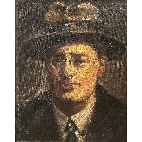 1238 - British school, early 20th century, Portrait of a man wearing a hat, oil on board, 24.5cm x 19.5cm.