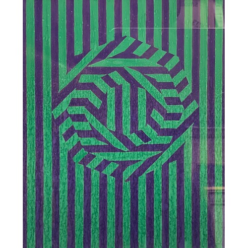 1239 - After Victor Vasarely, Abstract in purple and green, watercolour, 21cm x 17cm;  Alan Douglas Guest, ... 