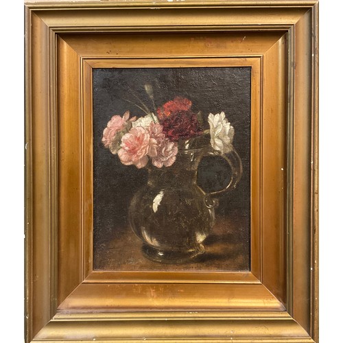 1245 - Manner of Grace Theodora Bowen (British, 1884-1963), Roses in a Glass Jug, indistinctly signed, oil ... 