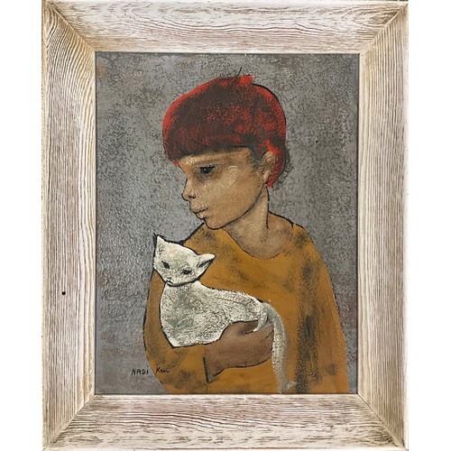 1252 - Nadi Ken (b.1934), Child with White Cat, signed, oil on paper laid onto board, 31.5cm x 24.5cm.