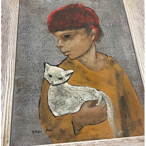 1252 - Nadi Ken (b.1934), Child with White Cat, signed, oil on paper laid onto board, 31.5cm x 24.5cm.