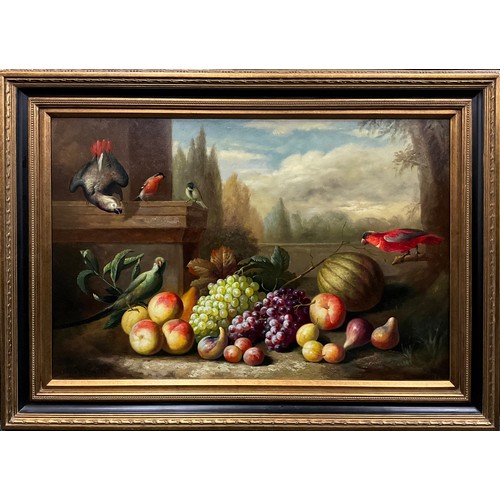 1280 - After Friederike Meinert, Classical Still life study with fruits, and Exotic birds, signed, oil on c... 