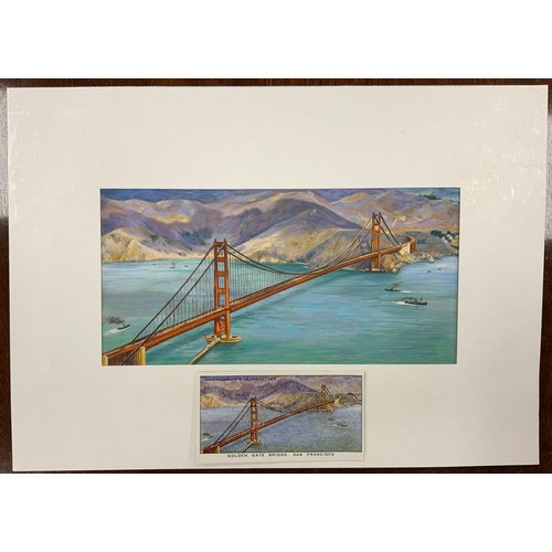 1285 - An original painting for Churchman's Cigarettes, 'Golden Gate Bridge, San Francisco', World Wonders ... 