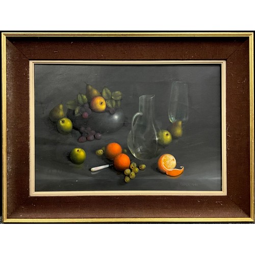 1301 - E. Reekie, (British school), Still Life Study with Pewter, Glass, and Fruit, signed, dated 1968, oil... 