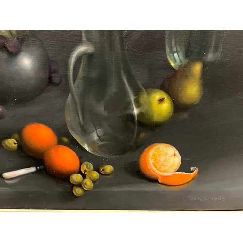 1301 - E. Reekie, (British school), Still Life Study with Pewter, Glass, and Fruit, signed, dated 1968, oil... 