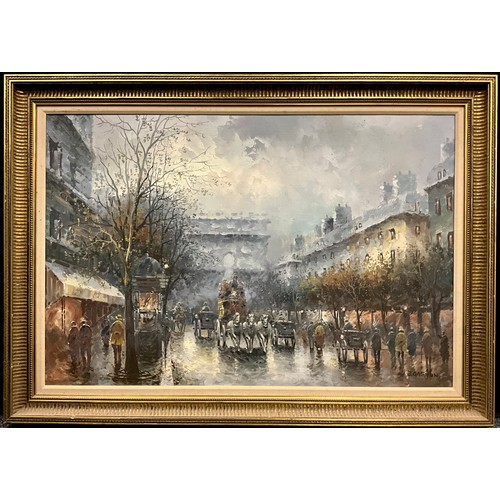 1302 - Johnny Gaston (British, bn. 1955), Parisian Street, with Arc de triomphe, after rain, signed, oil on... 