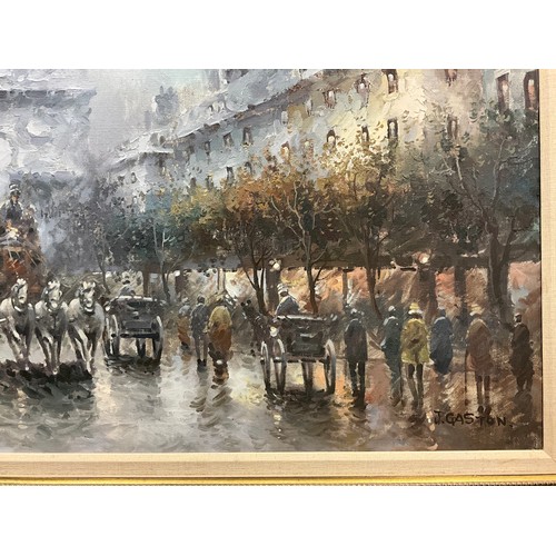 1302 - Johnny Gaston (British, bn. 1955), Parisian Street, with Arc de triomphe, after rain, signed, oil on... 