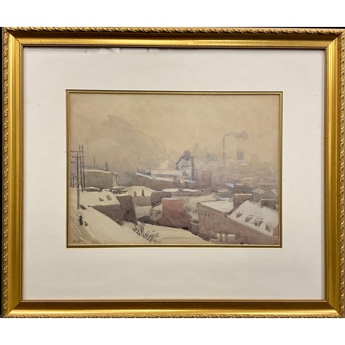 1305 - British school, 20th century, 
An Industrial Town, Winter, monogramed M. G., 
Watercolour, 26cm x 36... 