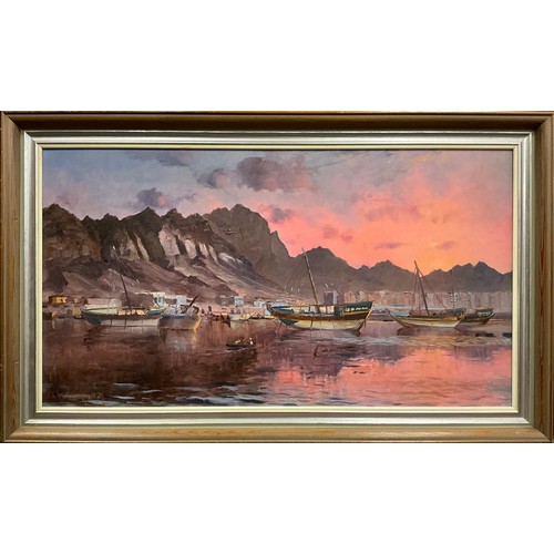 1310 - Middle Eastern school, Pink Dusk, Middle East Harbour Scene, indistinctly signed, dated 1960, oil on... 