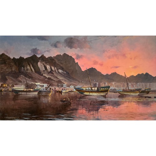 1310 - Middle Eastern school, Pink Dusk, Middle East Harbour Scene, indistinctly signed, dated 1960, oil on... 