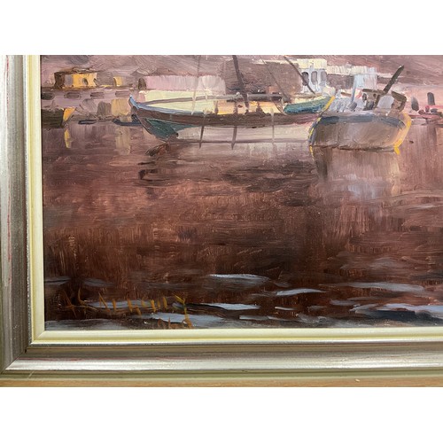 1310 - Middle Eastern school, Pink Dusk, Middle East Harbour Scene, indistinctly signed, dated 1960, oil on... 