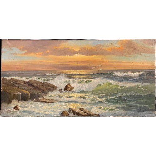 1317 - British School, mid 20th century, Dusk Light, Coastal Landscape with crashing waves, oil on canvas, ... 