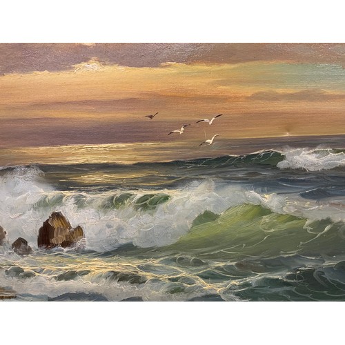 1317 - British School, mid 20th century, Dusk Light, Coastal Landscape with crashing waves, oil on canvas, ... 