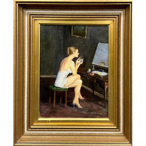 1333 - English school, A Lady at her dressing table, indistinctly signed, oil on board, 25cm x 18.5cm.