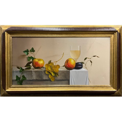 1247 - Mike Woods (Cornish, 1976 - 2003)
Still Life study, Fruit and Wine, 
signed, oil on canvas, 29,5cm x... 