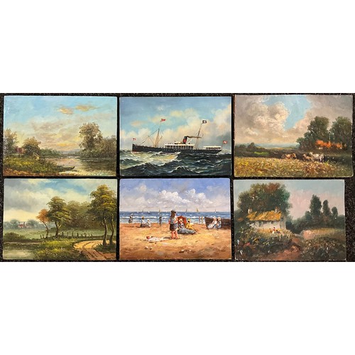 1197 - Continental school, a group of six oils on panel, landscapes and maritime studies, each approximatel... 