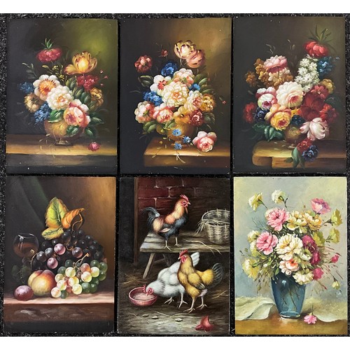 1198 - Continental school, six small oils on panel - including a set of three - Floral still life studies, ... 