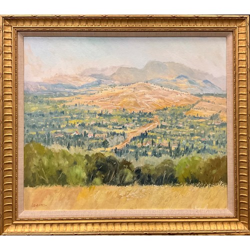 1262 - David Noble (British, 20th century), ‘Below Phaestos, Crete’, signed, oil on canvas board, 60cm x 70... 