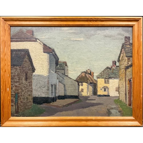 1189 - Manner of David Bond Walker (1891-1977), Dawn lit White washed cottages, oil on board, unsigned, 30.... 