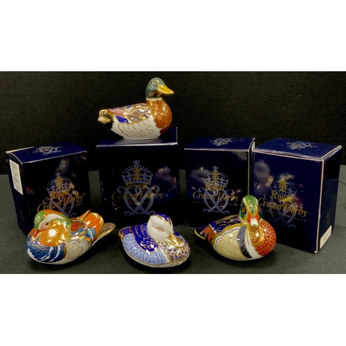 43 - Royal Crown Derby paperweights including; Duck, silver stopper, Mandarin Duck,  silver stopper, Caro... 