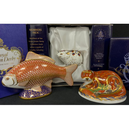 56 - Royal Crown Derby paperweights including; Otter, Golden Carp, Exclusive edition Bank Vole, each with... 