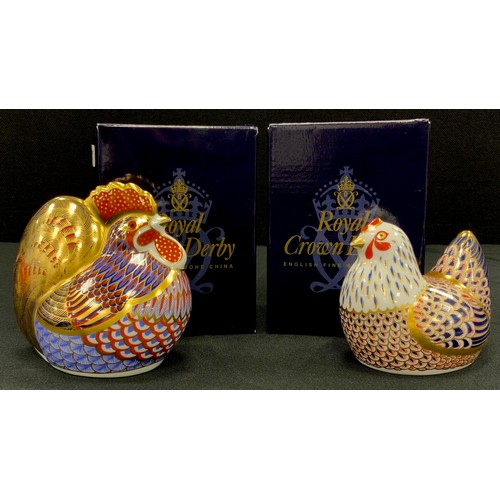 67 - Royal Crown Derby paperweights including; Cockerel and Hen, both gold stoppers, both boxed