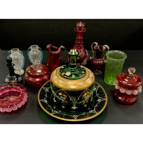 98 - Victorian and later Glassware - including ruby glass decanter, crackle glass vases, cranberry glass ... 