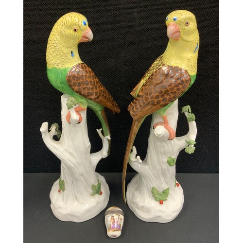 99 - A pair of continental parakeets, 31cm high; Dresden snuff box, Wedgwood Kutani Crane vase and lidded... 