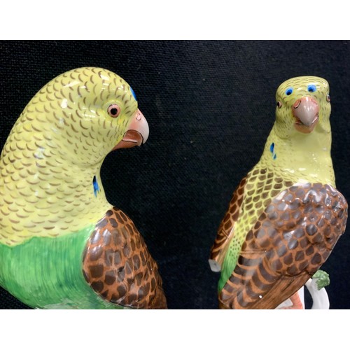 99 - A pair of continental parakeets, 31cm high; Dresden snuff box, Wedgwood Kutani Crane vase and lidded... 