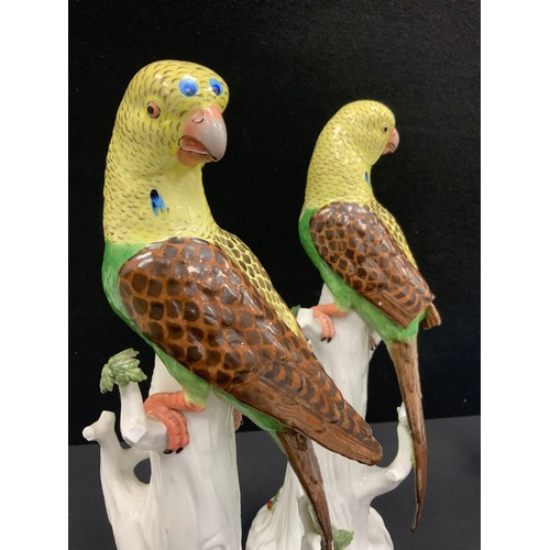 99 - A pair of continental parakeets, 31cm high; Dresden snuff box, Wedgwood Kutani Crane vase and lidded... 