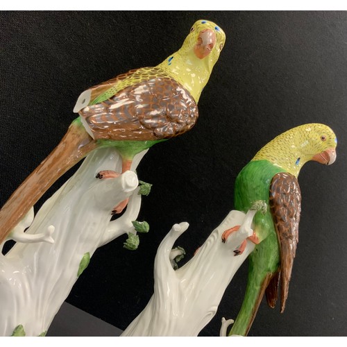 99 - A pair of continental parakeets, 31cm high; Dresden snuff box, Wedgwood Kutani Crane vase and lidded... 