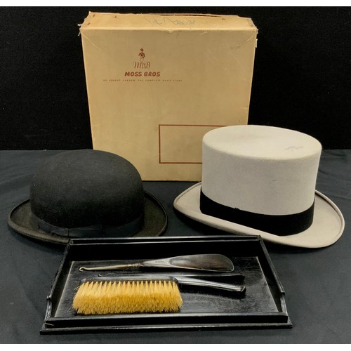 108 - Moss Bros grey felt top hat, 16cm x 20cm, boxed; Dunn and Co bowler hat;  etc, (2).