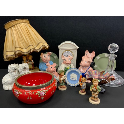 120 - Ceramics - Belleek mantel clock, boxed; Hummel Goebel figure group lamp, other figures, Wedgwood jas... 