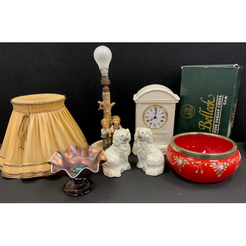 120 - Ceramics - Belleek mantel clock, boxed; Hummel Goebel figure group lamp, other figures, Wedgwood jas... 