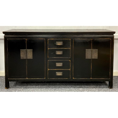 153 - A Chinoiserie lacquered wood effect sideboard, 90cm high x 170cm wide x 45cm deep;  and a similar st... 