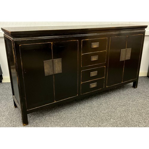 153 - A Chinoiserie lacquered wood effect sideboard, 90cm high x 170cm wide x 45cm deep;  and a similar st... 