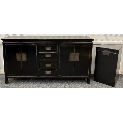 153 - A Chinoiserie lacquered wood effect sideboard, 90cm high x 170cm wide x 45cm deep;  and a similar st... 