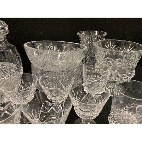 179 - Glass - cut glass including; spirit decanters, set of six Stuart glasses, five Waterford wine glasse... 