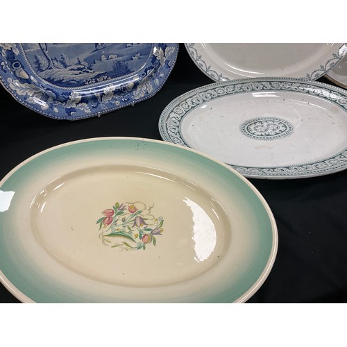 183 - Various meats dishes including; a large 19th century pearl ware meat dish, 59cm wide, blue and white... 