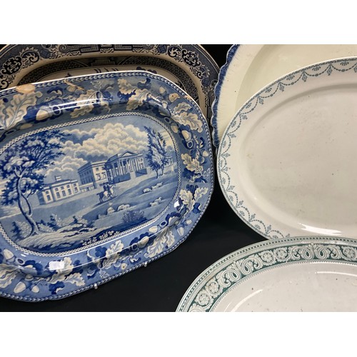 183 - Various meats dishes including; a large 19th century pearl ware meat dish, 59cm wide, blue and white... 