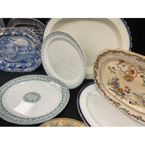 183 - Various meats dishes including; a large 19th century pearl ware meat dish, 59cm wide, blue and white... 