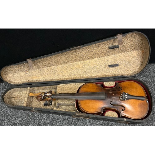 240 - A late 19th century / early 20th century full size violin, plain two-piece maple back, wooden case.