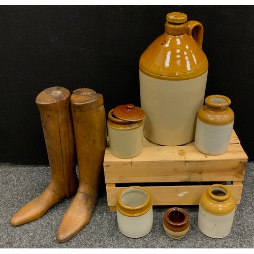 190A - A Pearsons of Chesterfield stoneware 2 gallon flagon;  others jars;  pair of wooden three section bo... 