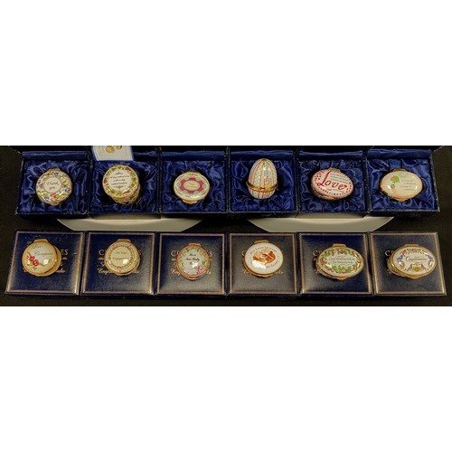 246 - Crummles hand painted enamel pill boxes including; On your engagement, Congratulations, Love Conquer... 