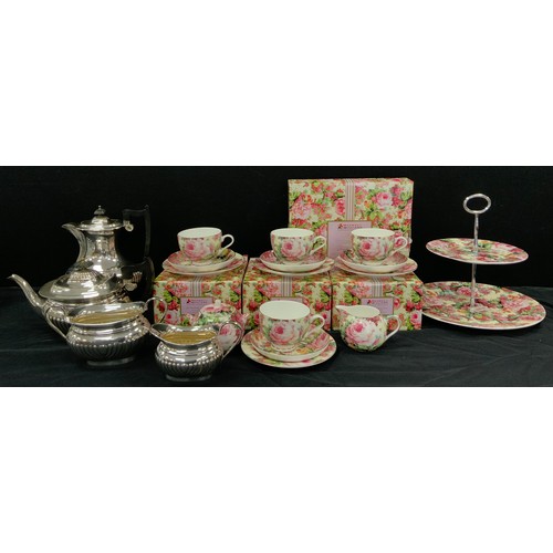 130 - Maxwell Williams Rambling Roses tea ware including; four floral tea cups and saucers, four side plat... 