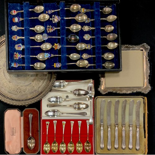 299 - Silver - a set of six S J Rose and Sons silver enamel spoons, Birmingham 1972, silver handled butter... 