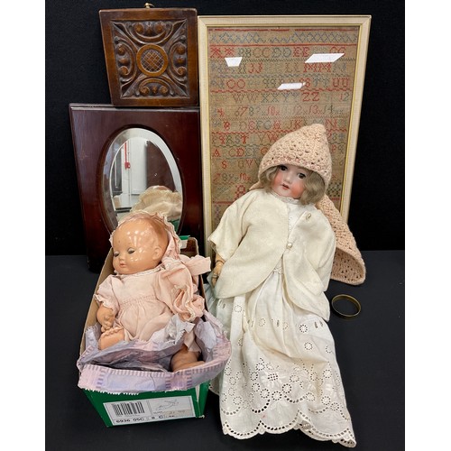 315 - Boxes and Objects - Victorian sampler ‘Isabella Reid, Aged 12, 1837’, 44cm x 25cm; Armand Marseille ... 